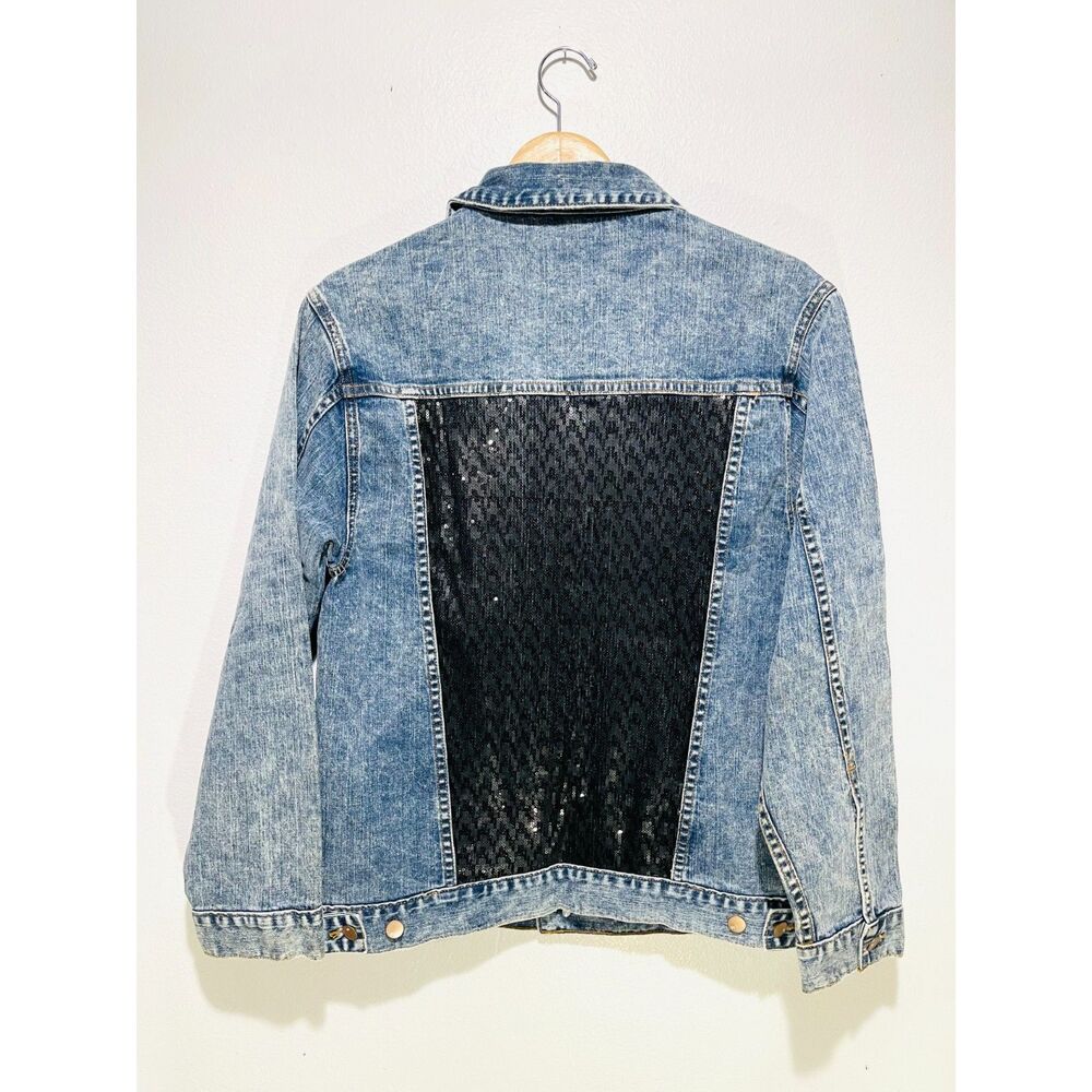 Serena denim jacket classic biker casual USA made sequins blue fall women's XS - Picture 4 of 7